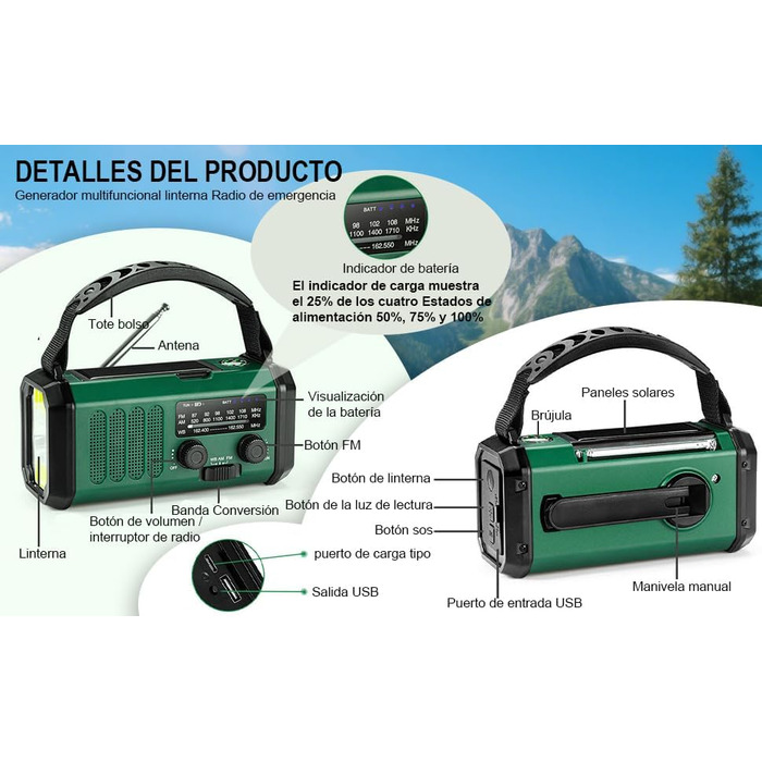 Радіостанція на сонячній енергії з живленням від ручки 20000 mAh з SOS-сигналом, FM/AM, ліхтарик, компас, для кемпінгу та надзвичайних ситуацій (зелене)