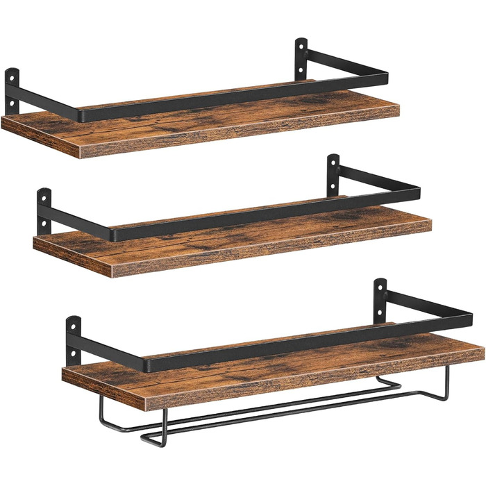 HOOBRO Wall Mounted Wine Racks 3-Piece Set, Wine Racks, Hanging Floating Wall Shelves, Wine Glass & Bottle Holders, Stemware Holders, for Living Room, Dining Room, Kitchen, Vintage Brown and Black EBF34BJ01
