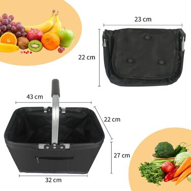 Складаний кошик для покупок 25L з міцними ручками та кишенею на блискавці, чорний