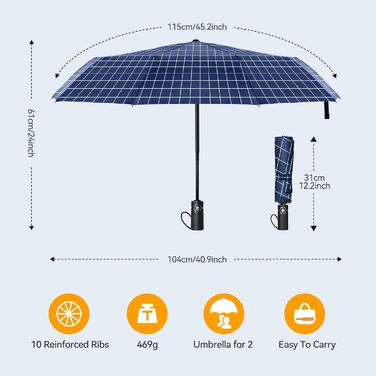 Чоловічий парасолька-тростина TechRise, великий, штормостійкий, 10 спиць, автоматичний, компактний, синьо-блакитний в клітинку