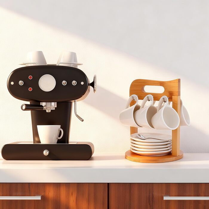 Набір еспресо-чашок з дерев'яним підставкою, 6 шт. по 80 мл, порцеляна, товстостінні, з підставками, для 6 осіб