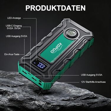 Бустер для автомобіля 7000A Jump Starter Powerbank 12V для бензинових (до 8л) та дизельних (до 6.5л) двигунів з LED-ліхтарем та набором аксесуарів (Блакитно-зелений)