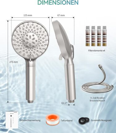 Душова лійка SR SUN RISE з фільтром, шлангом та картриджами, 9 функцій, високий тиск, для жорсткої води, видаляє хлор, важкі метали, бактерії.