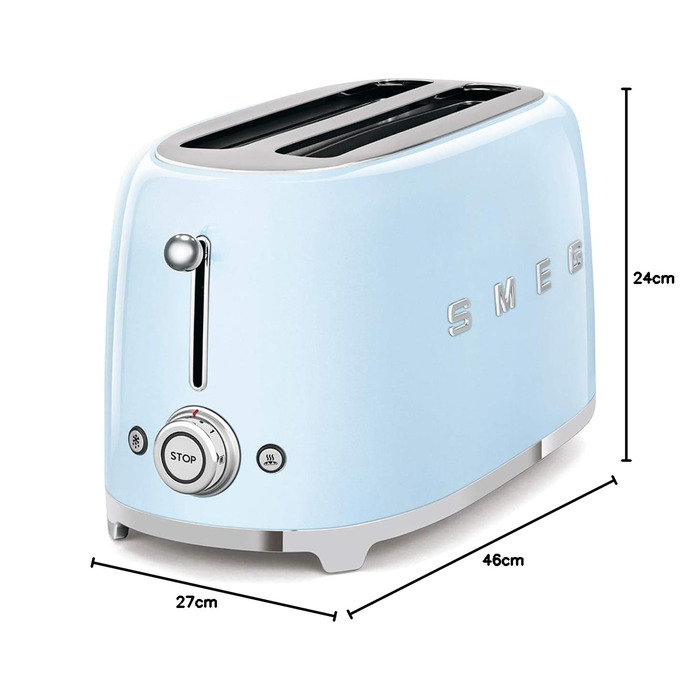 Тостер Smeg TSF02PBEU - 2 слоти для 4 тости, 6 рівнів підсмажування, функція підігріву, розморожування та приготування багелів, знімний піддон, 1500W, пастельно-блакитний