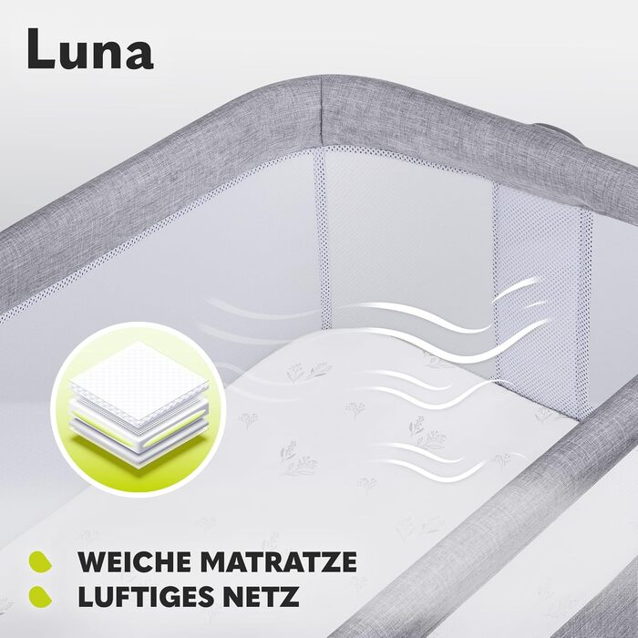 Lionelo Luna Portable Crib with Mattress, Travel Bed, from Newborn to 9 kg, Adjustable in Height and Tilt, 4 Wheels with Brakes, Attachment for Parent's Bed (Gray)