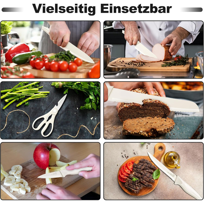 Набір ножів Joyfair 15 предметів з підставкою, з високоякісної вуглецевої сталі, з точильним каменем, для кухні, з кухонним ножем, ножем для хліба, ножицями, для нарізання та подрібнення (білий)