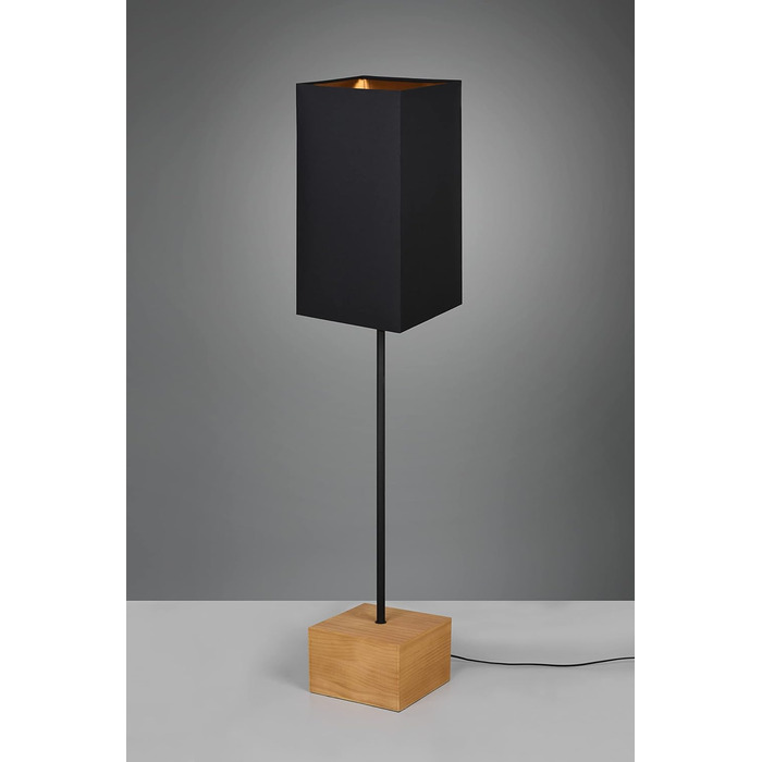 Стійка лампа Reality Leuchten Woody R50181080, чорний матовий метал, дерев'яний підстав, тканина/золотий, без лампочки E27 (25x25x25 см)