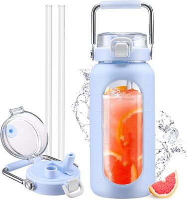1.9L Glass Water Bottle, Glass Drinking Bottle with Straw and Stainless Steel Handle, Motivational Water Bottle with Silicone Case and Time Marker, Water Pitch (Light Blue2, 1893 ml)