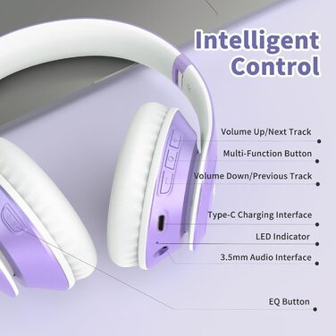 Бездротові навушники Uliptz Bluetooth Over Ear: 65 годин роботи, 6 EQ-режимів, HiFi стерео, складна конструкція, для подорожей/офісу/телефону/ПК (фіолетовий)