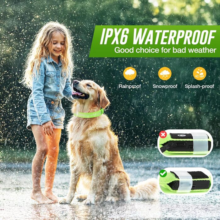 Світлодіодне нашийник для собак Jewyow 7-в-1, перезаряджуваний USB-C, водонепроникний, зелений (L)