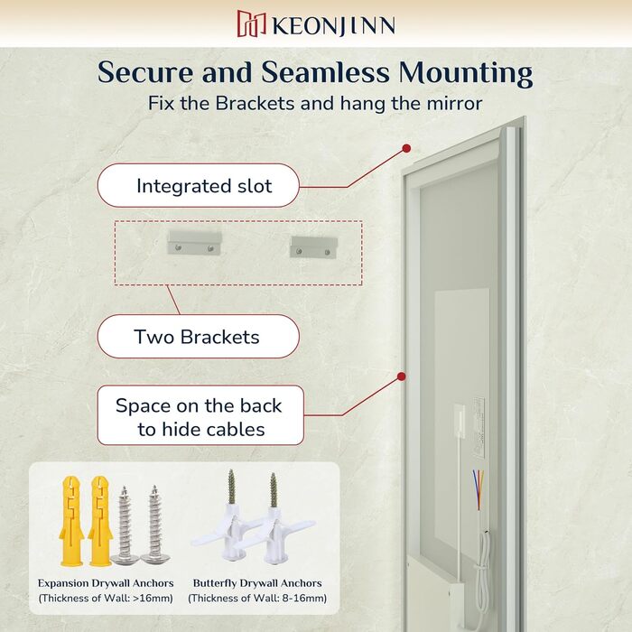 Дзеркало для ванної кімнати Keonjinn з підсвічуванням 60 см, антизапарюючий, з сенсорним вимикачем, пам'ять, 3 кольори світла, регульована яскравість, LED, без рами, прямокутне (90x90 см)