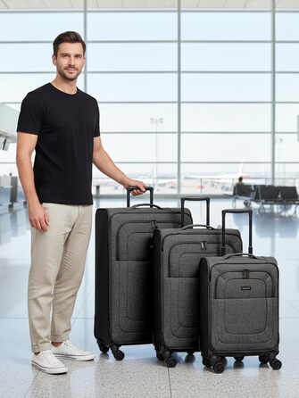 Набір валіз REDOLZ 3 шт. для жінок та чоловіків | Легкі та стійкі дорожні ролери, якісний м'який кейс, 4 подвійні колеса та TSA-замок | Розширюваний з еластичними складками (Essentials 12) Чорний набір валіз (3 шт.) 3-колісний розширюваний