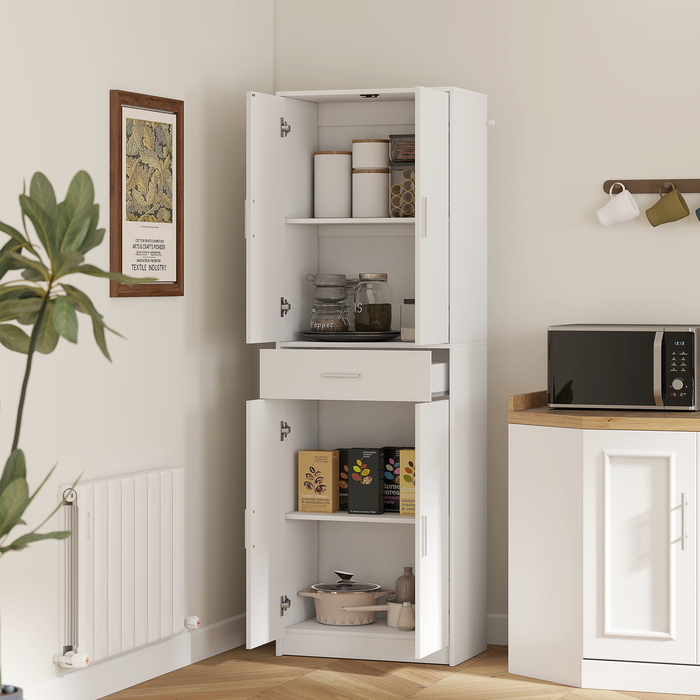 HOMCOM Kitchen Cabinet Tall Cabinet with Adjustable Shelves, 4-Door Buffet Cabinet with Drawer, Pantry Cabinet with Scandinavian Design, White | Aosom