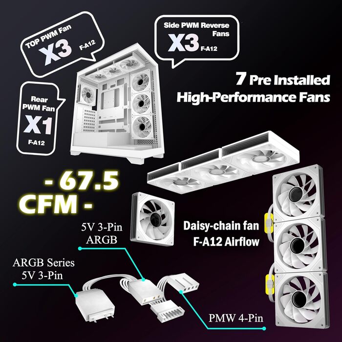 Ігровий корпус для ПК ANSAITE ATX Mid-Tower, 6 ARGB PWM вентиляторів, панорамне загартоване скло, підтримка радіатора 360мм, USB Type-C, Чорний