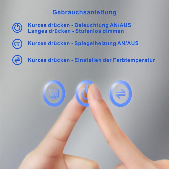 Дзеркало для ванної кімнати AQUABATOS з підсвічуванням 100x70 см LED, антизапарник, сенсорне управління, 3 кольори світла, регулювання яскравості, для настінної установки