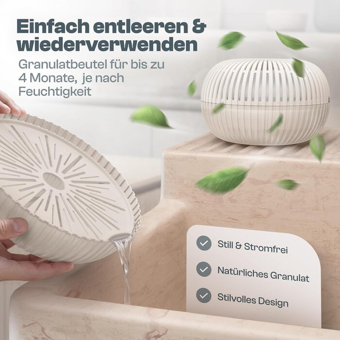 Безструменевий осушувач повітря Flow для кімнат до 25 м² з гранулами осушувача 450г - для комфортного мікроклімату (кремовий)