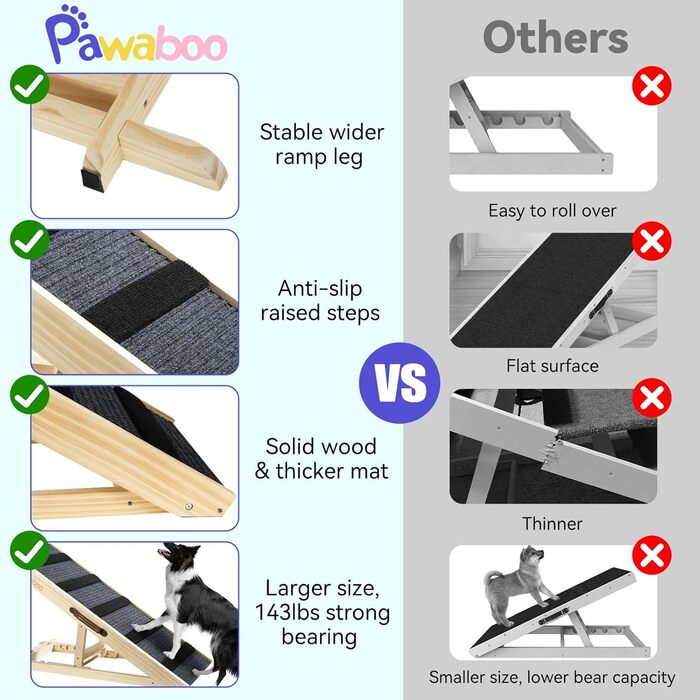 Pawaboo Рампа для собак, дерев'яна, регульована висота, 11.6'-22.4', до 65 кг, 100x40 см, для собак маленьких та середніх порід
