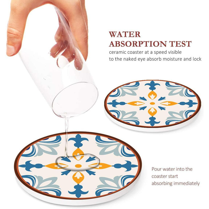 Drink Coasters 6-Piece Set, Geometric Tribal Boho Blue Red Absorbent Round Ceramic Stone Mat with Cork Bottom and Metal Holder, Housewarming Gift Bar Decor (Talavera Tile)