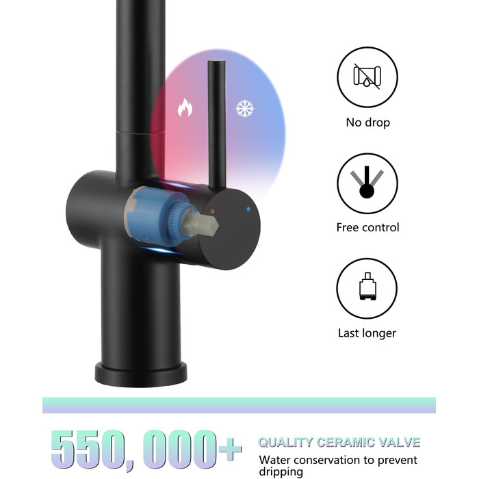 Змішувач кухонний з висувною лійкою, чорний, з двома режимами струменя, 360° обертання, з нержавіючої сталі