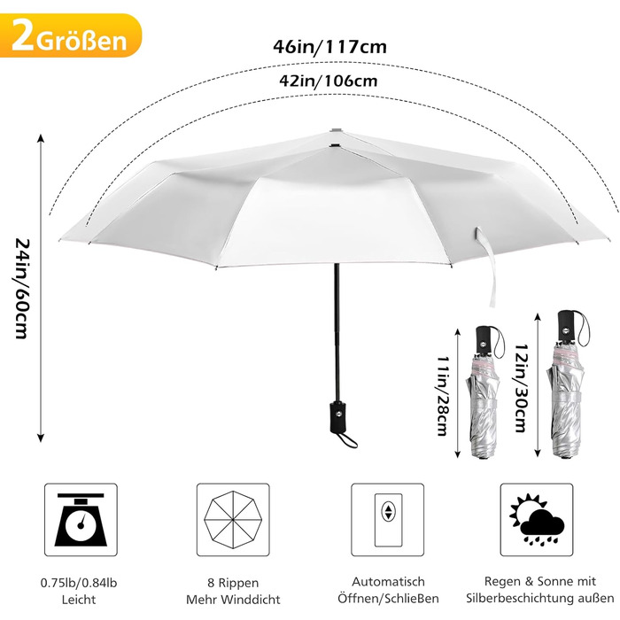 Зонт від сонця та дощу 42/46 дюймів, стійкий до вітру, з 8 ребрами, автоматичний, для чоловіків та жінок (срібний/рожевий)