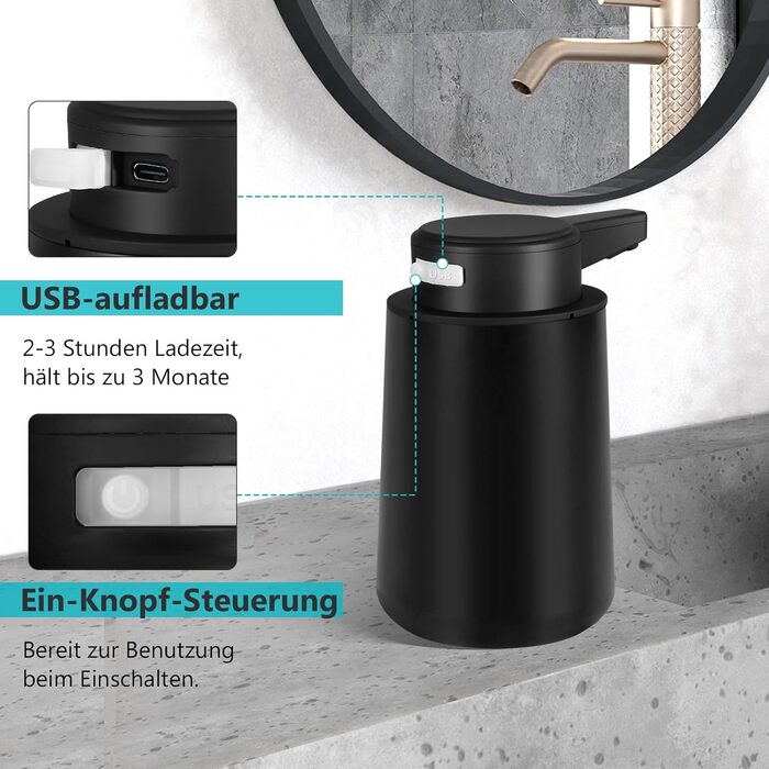 Phneems Soap Dispenser Automatic Foam Soap Dispenser Electric Soap Dispenser With Sensor 250ML Soap Dispenser Automatic USB Rechargeable IPX5 Waterproof FOR Bathroom Kitchen Black