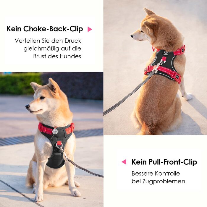 Шлейка для собак PHOEPET Anti-Zug з відбиваючими елементами, регульована, для цуценят та собак різних розмірів (S, чорна база & червоні ремінці)