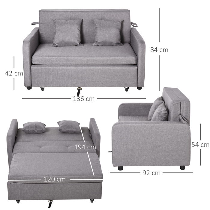 HOMCOM Sleeper Sofa, Sleeper Couch with Storage, Throw Pillows, Armrests, 2-Seater Sofa Bed with Sleeping Function, Linen Look, Upholstered Couch with Wheels for Living Room, Bedroom, Grey | Aosom
