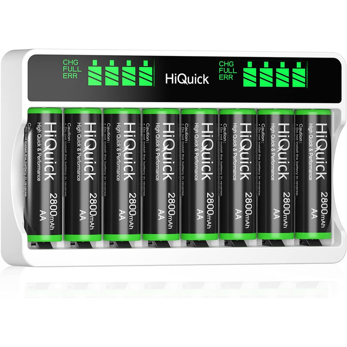 Зарядний пристрій HiQuick для акумуляторів AA з 8 шт. акумуляторів, зарядка для Mignon AA, Micro AA NI-MH/NI-CD, 8 слотів, LCD дисплей + 8 AA акумуляторів