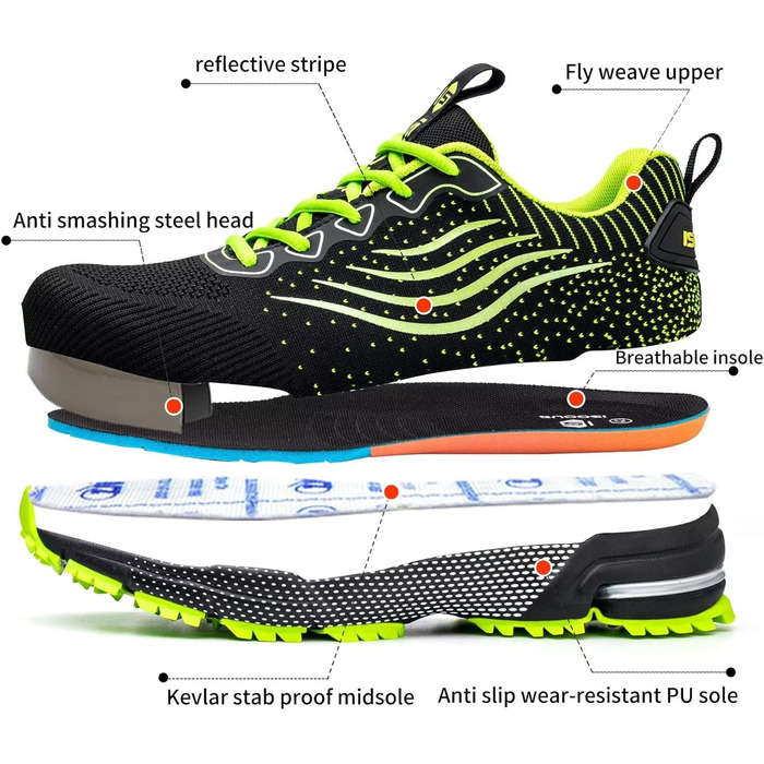 Зручні робочі черевики ISOOUS з металевим підноском для чоловіків та жінок. Легкі, дихаючі, неслизькі, захисні черевики, 42 EU, зелені.