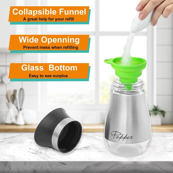 Набір для солі та перцю з нержавіючої сталі з скляною пляшечкою, дозатор спецій, аксесуари для кухні, дому, ресторану, обіднього столу (сріблястий)