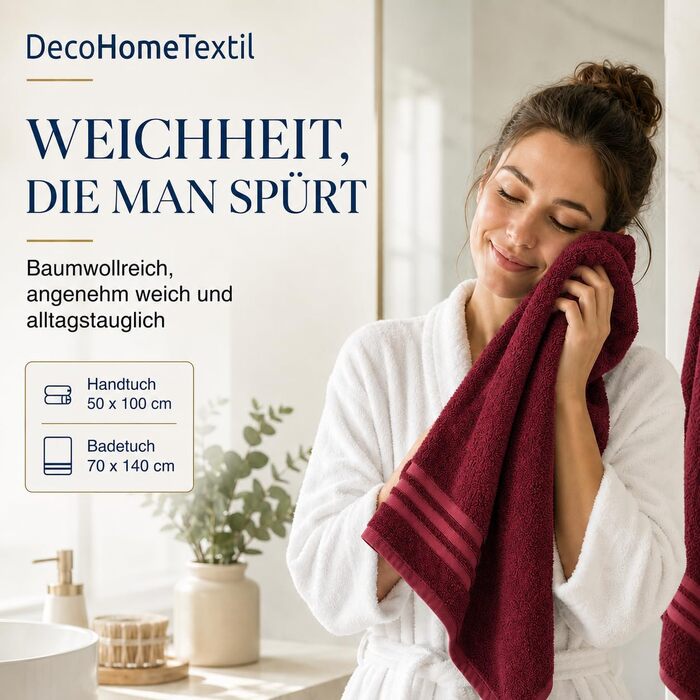 Набір махрових рушників DecoHomeTextil Eco (6 шт.), еко-серія, гігроскопічні та м'які, бордовий колір (4 рушники 70x140 см, 2 рушники 50x100 см)