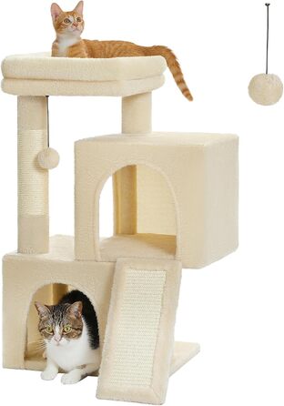 PETEPELA Scratching Post with Dual Condos for Apartment Cats, All-in-One Cat House with Padded Perch, Scratch Ramp and Post, and Replaceable Balls Beige