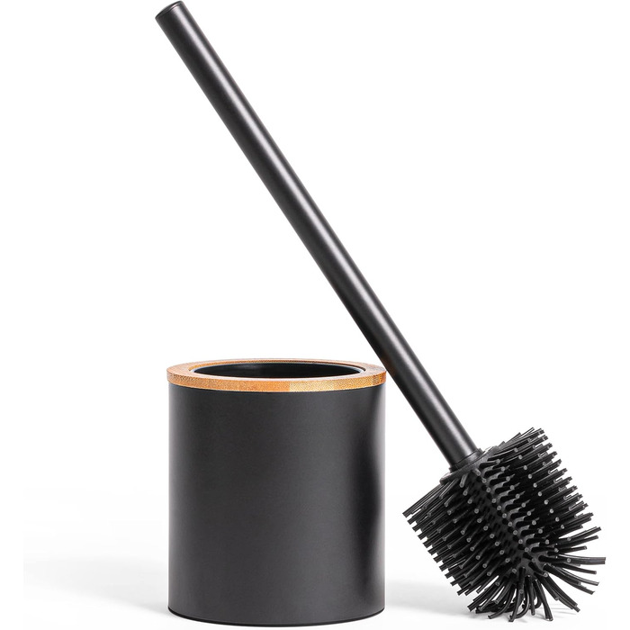 Торгова щітка для унітазу з тримачем з дерева | Силіконова щітка для унітазу з нержавіючої сталі | Тримач для щітки з натурального бамбука | Настільна щітка для ванної кімнати | Чорний колір