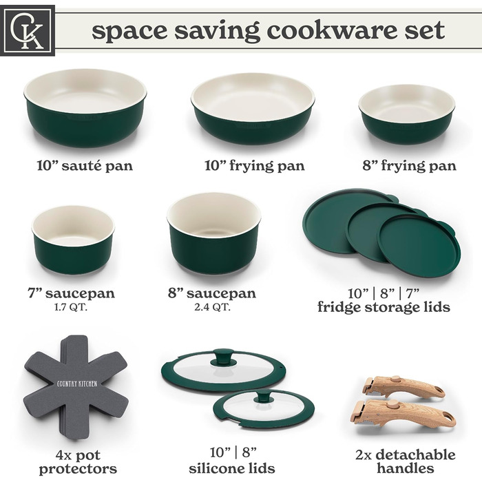 Набір посуду Country Kitchen 13 предметів: каструлі та сковорідки з антипригарним покриттям, знімний ручка, для кухні, кемпінгу, духовки (сіро-зелений)