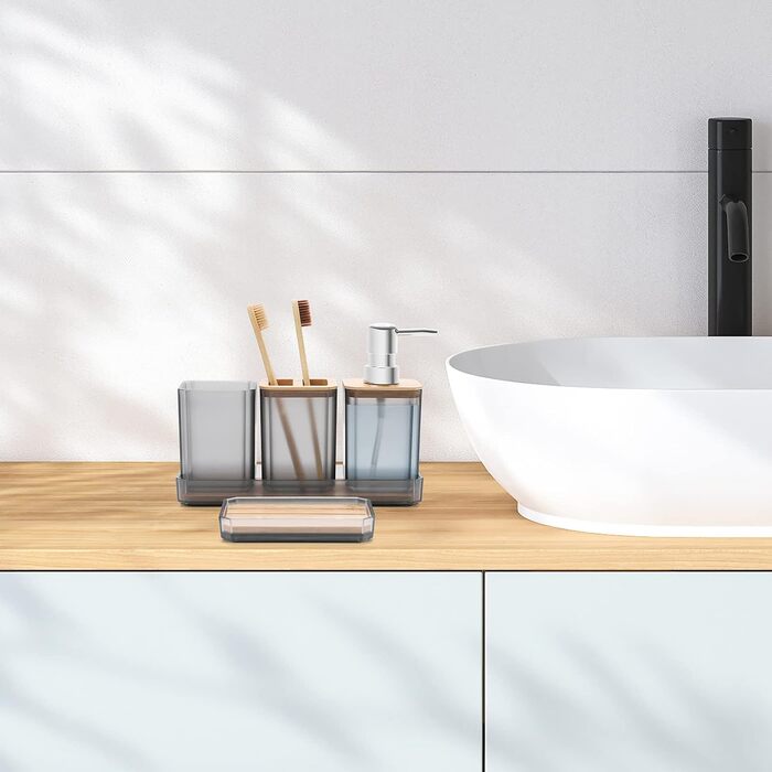 Набір аксесуарів для ванної кімнати FEILANDUO, 5 шт: дозатор для мила, мильниця, тримач для зубних щіток, стакан для води, піднос для косметики, Бохо, сучасний дизайн (сірий)