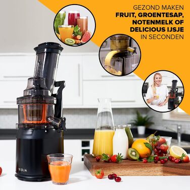 Fridja High-Performance Juicer for Whole Fruits and Vegetables, Sorbet, Ice Cream, 75mm Feed Chute with Wide Mouth, BPA-Free, 240 Watts, Cold Press, Black Stainless Steel f1900, Black