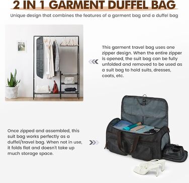 50L Unisex 3-in-1 Convertible Garment Bag Canvas Clothing Bag Suit Bag Carry On Garment Bag with Toiletry Bag for Travel, Short Trips, and Business Trips - Storage