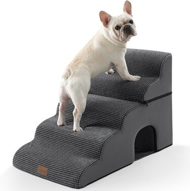 Dog stairs for small dogs, pet stairs for loft beds made of high-density foam, dog stairs/ramp with washable cover (83x50x57cm - Hole, 5.0) (Black and Gray)