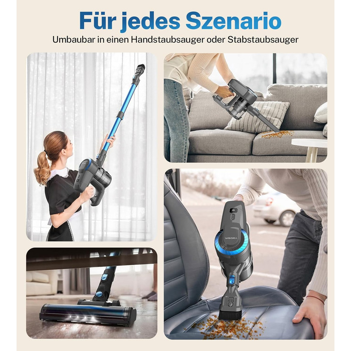 Бездротовий акумуляторний пилосос 25000Pa, 175W, 50хв, з антизаплутувальною насадкою та самостійним паркуванням, легкий ручний пилосос для прибирання килимів, твердих підлог та шерсті тварин, блакитний