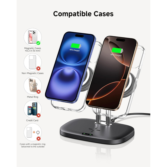 Бездротова зарядка SwanScout для iPhone 17/Air, AirPods Pro 3/2, 2 телефони, чорний