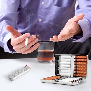 Вінтажне металеве тютюнотримач для сигарет з запальничкою J6, вміщує 12 шт. сигарет (100 мм), органайзер для RFID-карт та грошей (срібний)