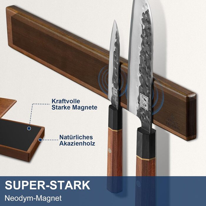 ENOKING Magnetic Knife Rail 40 cm, Magnetic Knife Block without Knives, Magnetic Knife Holder made of Acacia Wood with 4 Hooks