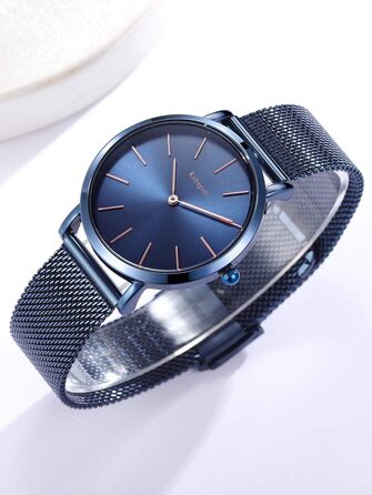 Жіночий годинник на аналоговому кварцовому механізмі з нержавіючої сталі, водостійкий, сітчатий ремінець, ультратонкий комплект з браслетом, блакитне покриття, блакитний ремінець, блакитний браслет