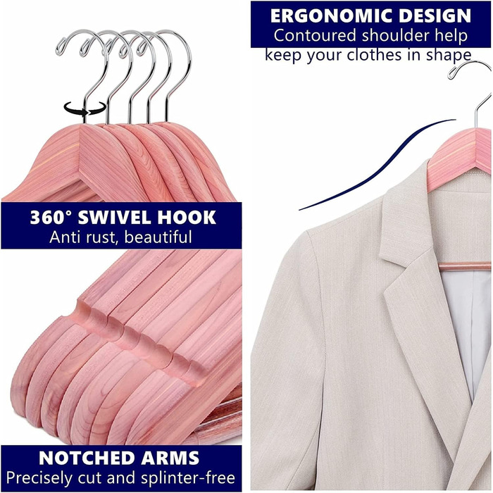 Amber Home 10-Piece 17.5-inch Cedar Wood Clothes Hangers with Non-Slip Notch, Natural Cedarwood Hangers with Round Bar for Suit, T-Shirt, Shirt, Jacket, Coat, Dress, Pants