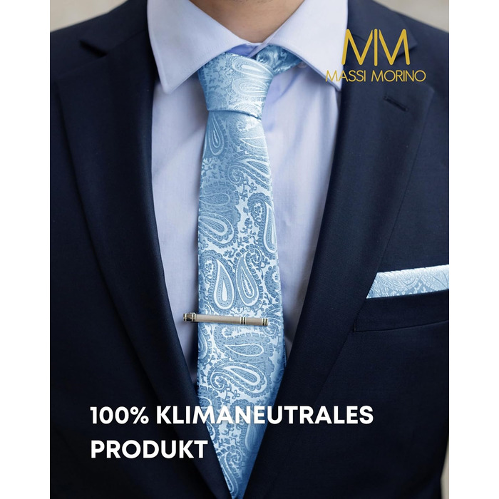 Комплект чоловічий Massi Morino: краватка, нагрудна хустка, запонки, зажим для краватки, подарункова коробка - блакитний Paisley, універсальний розмір. Для весілля.