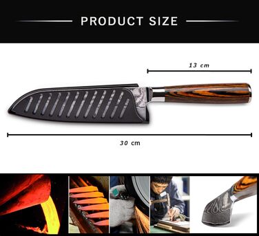 Професійний кухонний ніж Santoku Wolfblood XL 30 см з 67-шарової дамаської сталі, дерев'яна ручка, подарункова коробка та чохол для леза