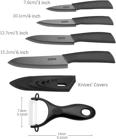 Набір керамічних ножів Cadrim (5 шт.): кухонні, для овочів, м'яса, з захистом леза | Чорний