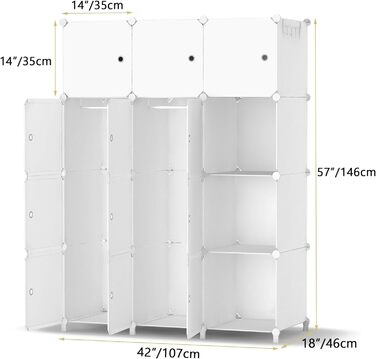 HOMIDEC Wardrobe, Portable Storage System, 20 Cube Closet made of Plastic with 2 Clothes Racks, Bedroom Wardrobe Closet White for Bedroom, 180 x 142 x 45cm (12 cube, All White)