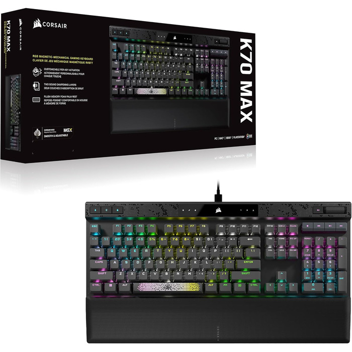 Ігрова механічна клавіатура Corsair K70 RGB MAX з магнітними перемикачами MGX, PBT Double-Shot клавіші, iCUE сумісність, QWERTY NA розкладка, сталевий колір