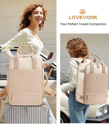 LOVEVOOK Рюкзак для ручної поклажі в літак, дорожній рюкзак для жінок великий 15.6 дюймів, рюкзак для подорожей, сумка-мішок на вихідні, водонепроникний, ручна поклажа, сумка для подорожей, бізнесу, відпочинку, 15.6 дюймів (Бежевий, Рожевий)